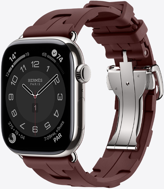 Apple Watch Hermès Series 11, titanium case, silver colour, Kilim band, bordeaux colour, silver quick-release metal buckle