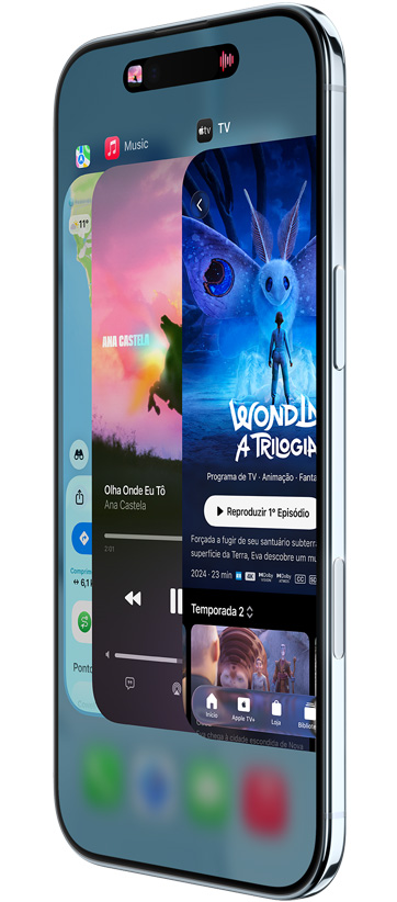 Parte da frente e lateral do iPhone Air com os apps Mapas, Música e Apple TV+, mostrando o uso do recurso Seletor de Apps
