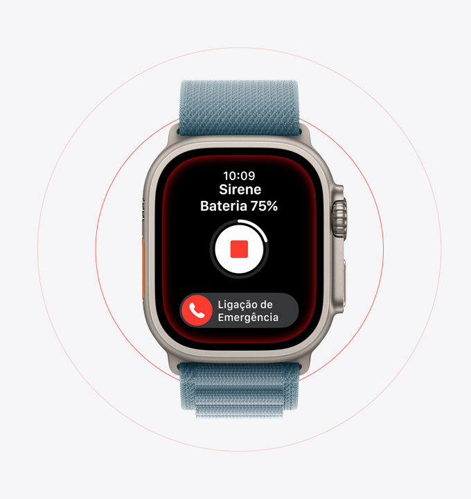 Apple Watch Ultra 3, caixa natural de titânio, Sirene ativada, botão de ligação de emergência