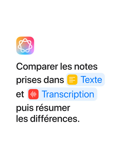 Comparer les notes prises dans Texte et Transcription, puis résumer les différences, les mots Texte et Transcription sont surlignés en bleu lorsqu’ils s’affichent et ils se présentent comme dans l’app Raccourcis