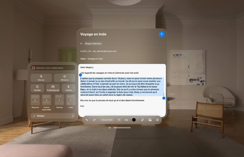 Un courriel en cours d’écriture dans l’app Mail d’Apple Vision Pro avec les outils d’écriture d’Apple Intelligence utilisés pour évaluer le langage du courriel.