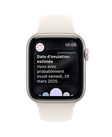 Apple Watch SE 3, boîtier en aluminium, comète, notification de l’estimation de la date d’ovulation par Suivi du cycle dans l’app Santé, Digital Crown, bracelet sport, comète