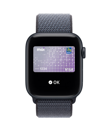 Apple Watch SE 3, boîtier en aluminium, minuit, Apple Pay dans Portefeuille, côté droit extérieur, Digital Crown, bracelet, sport à rabat, bleu nautique