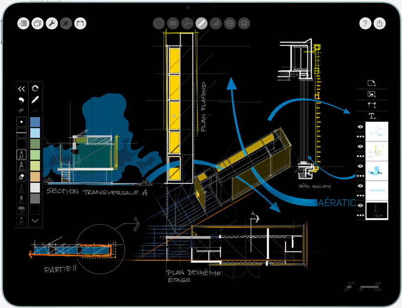 iPad Air, orientation paysage, montrant l’app Morpholio Trace