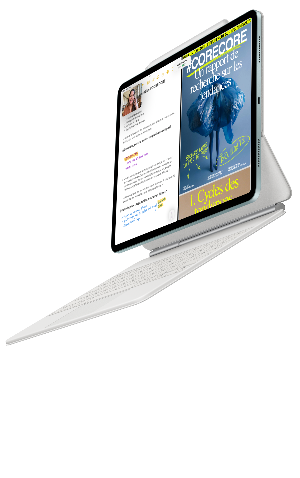 Un iPad Air, auquel sont fixés un Magic Keyboard pour iPad Air, et un Apple Pencil Pro