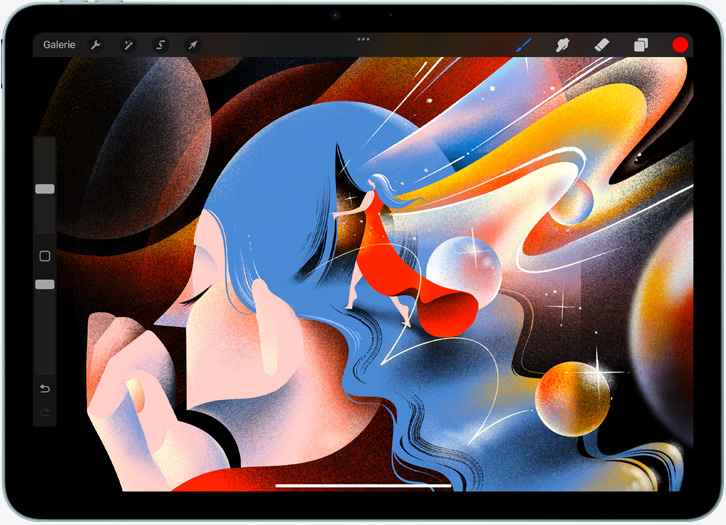 iPad Air, orientation paysage, l’écran affiche une illustration dans l'app Procreate