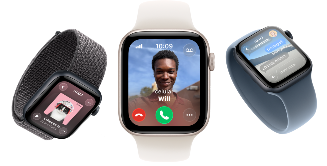 Dispositivos Apple Watch SE 3, caja de aluminio, colores medianoche y blanco estelar, correa loop deportiva, color gris oscuro, correa uniloop, color rosa rubor, correa uniloop, color azul ancla, pantallas: Apple Music, llamada entrante, Mensajes