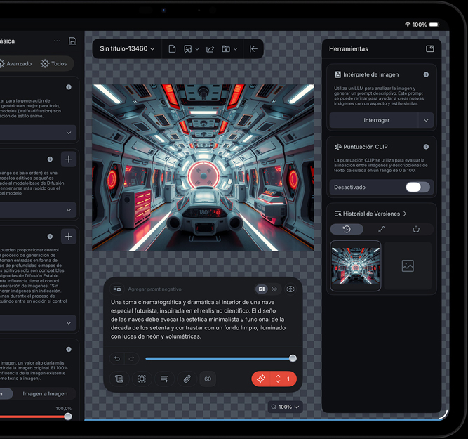 Un iPad Pro, parte frontal, la pantalla muestra un clip de una nave espacial futurista que se está editando con varias herramientas y funciones de IA como Image Interpreter y CLIP Score