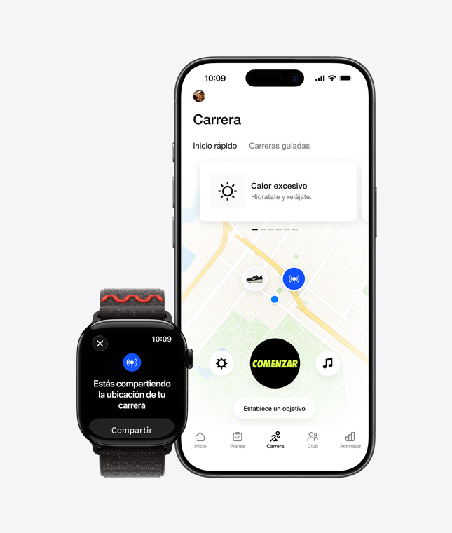 Apple Watch Series 11, ubicación compartida en la pantalla, iPhone 17, la app Nike Run Club muestra una carrera al aire libre en un mapa