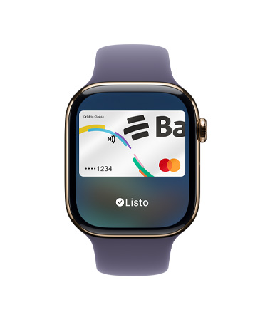 Apple Watch Series 11, color oro, caja de titanio, Apple Pay, parte lateral derecha, Digital Crown, correa deportiva morado niebla