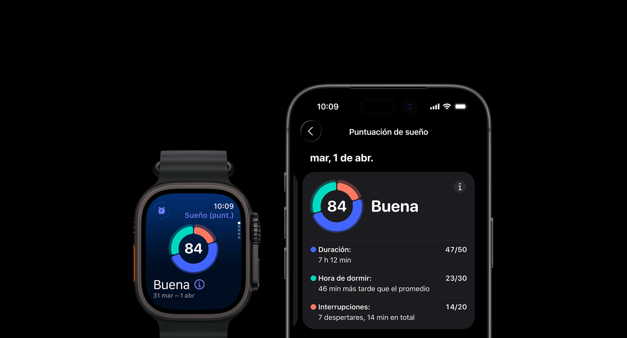 Gráfica circular y puntaje de Puntuación de Sueño en el Apple Watch Ultra 3, análisis completo abierto en el iPhone enlazado 