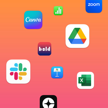 Íconos de apps de productividad como Slack, Canva, Google Workspace, Zoom, Bold, Keynote, Excel, Clara y Numbers sobre un fondo colorido.