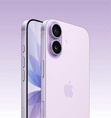 iPhone 17 en color lavanda, con parte de la pantalla visible y vista lateral que permite ver el Botón de Acción, el botón de volumen y el botón lateral. Parte posterior que muestra el sistema avanzado de dos cámaras Fusion en la esquina superior izquierda