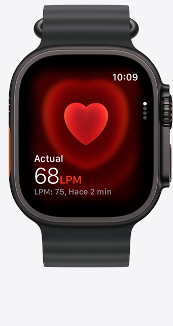 Apple Watch Ultra 3, caja de titanio negro, app Frecuencia Cardiaca, medición actual de latidos por minuto