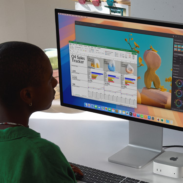 Žena sedící u pracovního stolu pracuje na tabulce v Excelu na Macu. Tabulka je přehled obratu za čtvrtý kvartál. Za oknem Excelu vykukuje okno Pixelmatoru Pro.