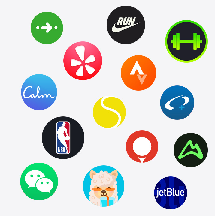 Ikony aplikací pro Apple Watch: ChargePoint, Yelp, Nike Run Club, SmartGym, Calm, NBA, SwingVision, Oceanic+, WeChat, Waterllama, Golfshot, JetBlue, AllTrails
