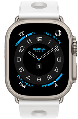 Apple Watch Hermès Ultra 3, Titangehäuse, Farbe Natur, Hermès Circulaire Zifferblatt, Komplikationen: Wetter, Aktivitätsringe, Paris Zeit, UV Index, Scub’H Diving Armband, Farbe Blanc