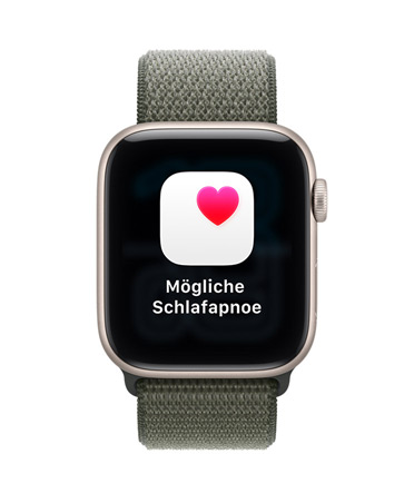 Apple Watch SE 3, Aluminiumgehäuse, Farbe Polarstern, Mitteilung: Mögliche Schlafapnoe, pinkes Herz in weißem Feld, rechte Seitenansicht, Digital Crown, Sport Loop, Farbe Waldgrün