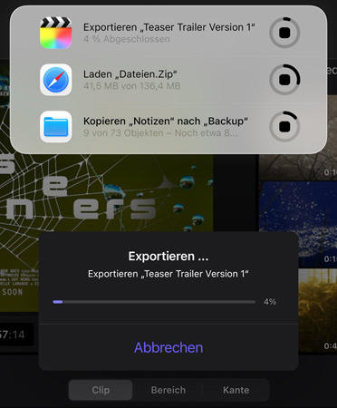 Eine Liste von Live Aktivitäten, die gerade ausgeführt werden, die Liste umfasst das Exportieren eines Trailers, das Herunterladen großer Dateien und das Verschieben von „Notizen“ in „Backup“