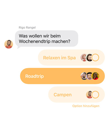 Nahaufnahme der neuen Umfragefunktion in Nachrichten mit Personen im Gruppenchat, die darüber abstimmen, wohin der Wochenendausflug gehen soll