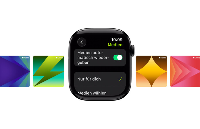 Eine Apple Watch in Diamantschwarz ohne Armband in der Bildmitte, auf dem Zifferblatt sind die Optionen „Für dich ausgewählt“ und „Medien wählen“ zu sehen, im Hintergrund sind benutzerdefinierte Apple Music Hintergrundbilder
