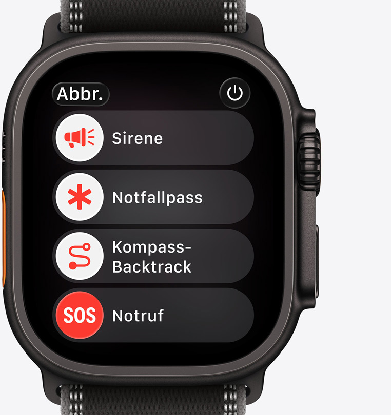 Apple Watch Ultra 3, titanium case, black color, emergency assistance options onscreen: siren, medical ID, compass backtrack, emergency call