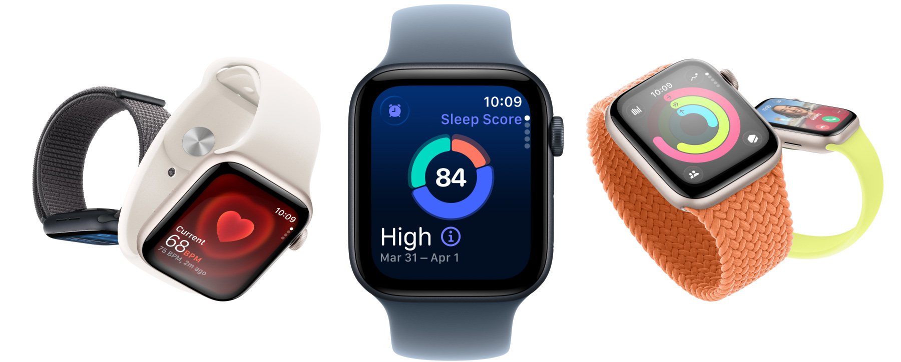 Alumiiniumkorpustega Apple Watch SE 3 saadaval tähevalges ja öösinises värvitoonis, rakendustega nagu Vitals, Heart Rate, une hinnang, aktiivsusringid ja sissetulev kõne