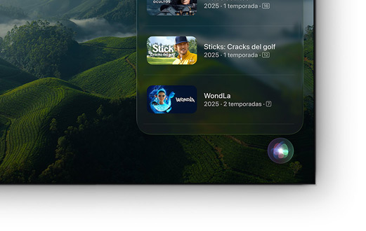 Un televisor de pantalla plana que muestra una lista de series y películas de Apple TV