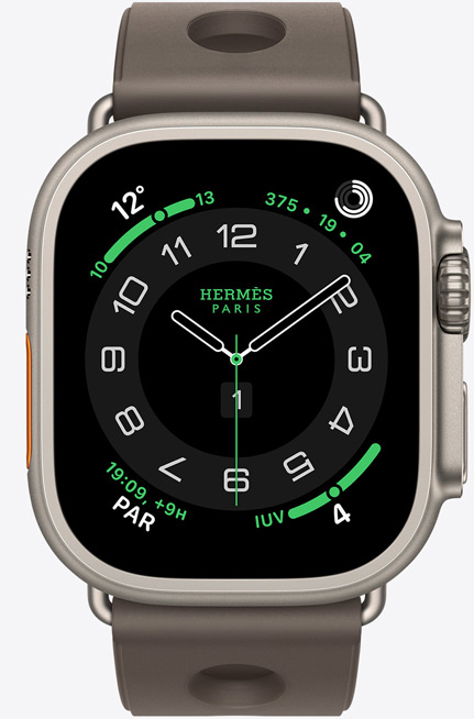 Apple Watch Hermès Ultra 3, caja de titanio, color natural, esfera Hermès Circulaire, complicaciones: tiempo, anillos de Actividad, PAR, índice UV, lateral derecho: Digital Crown, micrófono, botón lateral elevado, correa Scub'H Diving, color Gris Titane