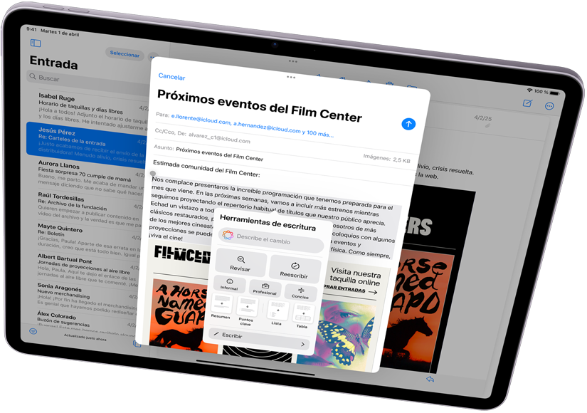 iPad Air en horizontal que muestra Apple Intelligence con Herramientas de Escritura y Mail