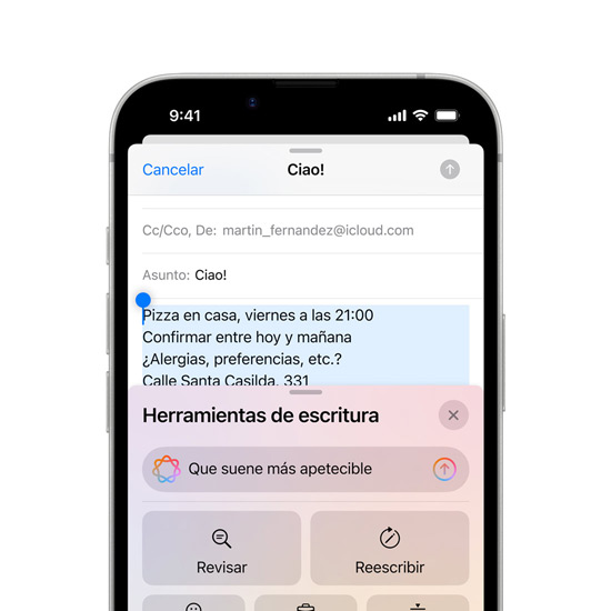 Vista parcial de un iPhone 16e que muestra la prestación Herramientas de Escritura de Apple Intelligence.