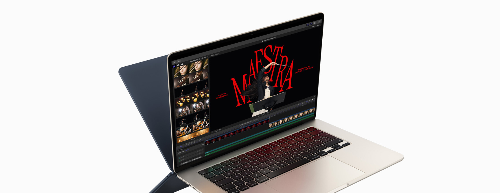 Un MacBook Air con un proyecto de edición de vídeo en Final Cut Pro para demostrar el potencial del chip M4. Detrás se ve la parte trasera de un segundo MacBook Air a modo de espejo.
