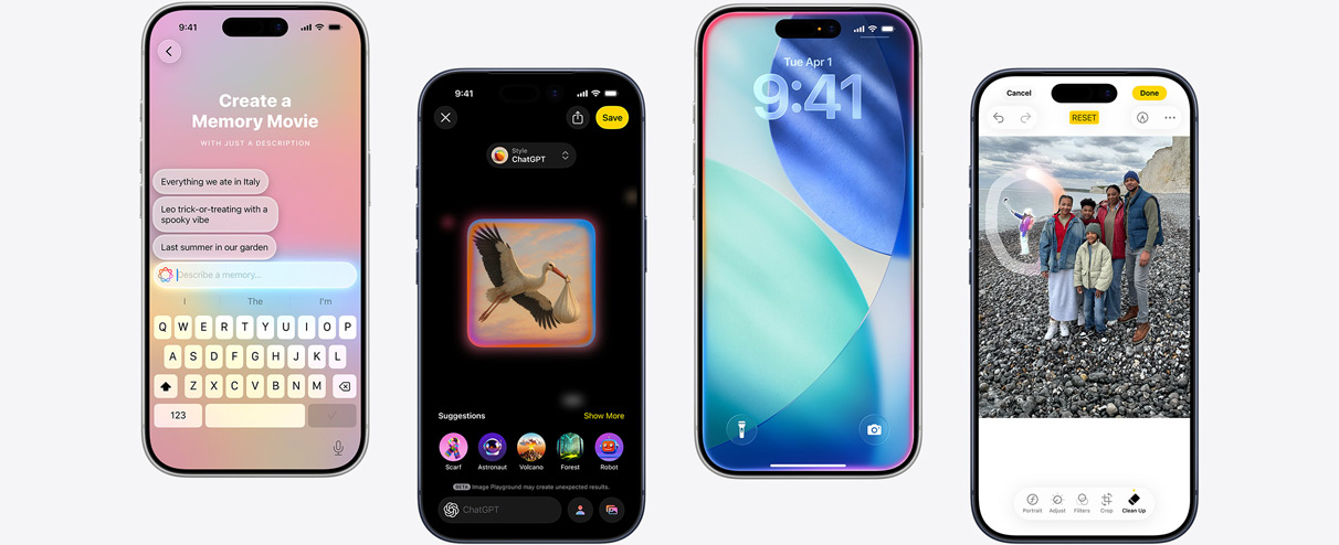 Cinco dispositivos iPhone a mostrar funcionalidades da Apple Intelligence: criar um vídeo de recordação, fazer uma ilustração no Image Playground, o Ecrã bloqueado do iOS com um brilho colorido a toda a volta, a Tradução em tempo real durante uma chamada e tradução em tempo real na app Mensagens.
