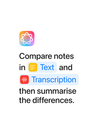 Compare notes in Text and Transcription then summarise the differences, with the words ‘Text’ and ‘Transcription’ highlighted in blue as they appear as they would in the Shortcuts app
