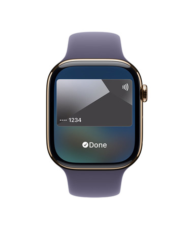 Apple Watch Series 11, Farbe Gold, Titangehäuse, Apple Pay, rechte Seitenansicht, Digital Crown, Sportarmband Nebelviolett