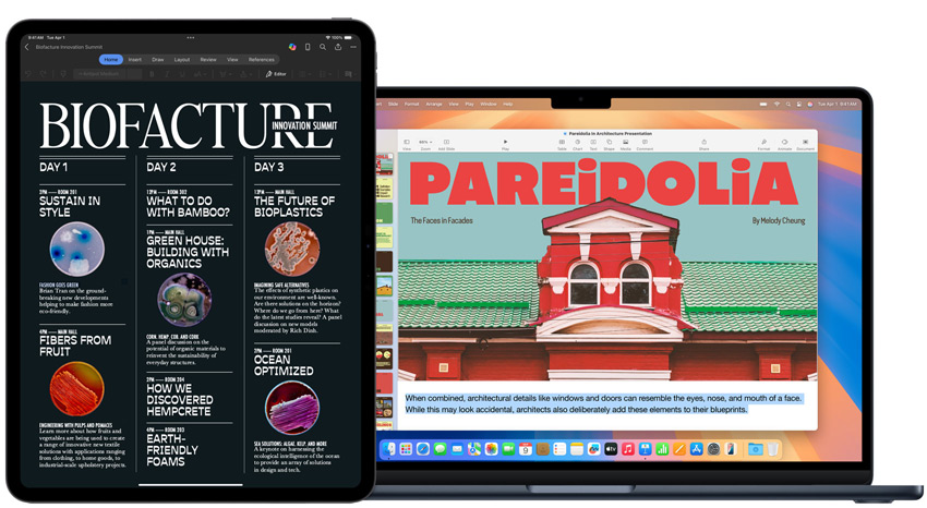 Un iPad et un MacBook affichent des projets scolaires.