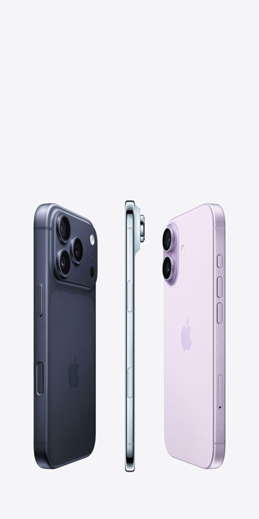 iPhone 17 Pro, sedd bakifrån, Fusion-proffskamerasystem längs den övre delen, iPhone Air, väldigt tunn sida i titan, iPhone 17, sedd bakifrån, avancerat dubbelkamerasystem i det övre vänstra hörnet