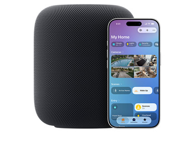 Een HomePod Middernacht met iPhone en de Mijn Woning-interface in de Woning-app