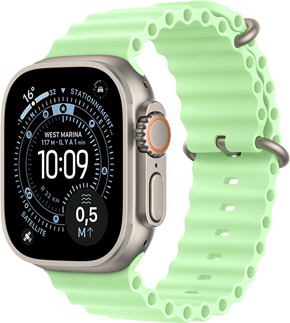 Apple Watch Ultra 3, finition naturelle, boîtier en titane, cadran Orientation, complications : Indice UV, Activité, Satellite, Boussole, côté droit, Digital Crown, micro, bouton latéral, bracelet Ocean, coloris vert fluo