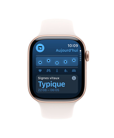 Apple Watch Series 11, boîtier en aluminum, couleur or rose, app Signes vitaux, tableau des scores de santé, notification indiquant des signes vitaux nocturnes habituels, côté droit, Digital Crown, Bracelet Sport rose tendre