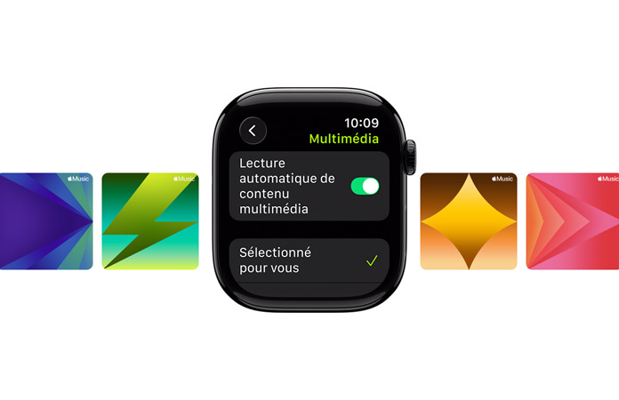 Au centre, une Apple Watch noir de jais sans bracelet, dont le cadran affiche les options Sélectionné pour vous et Choisir du contenu multimédia, avec des fonds d’écran Apple Music personnalisés