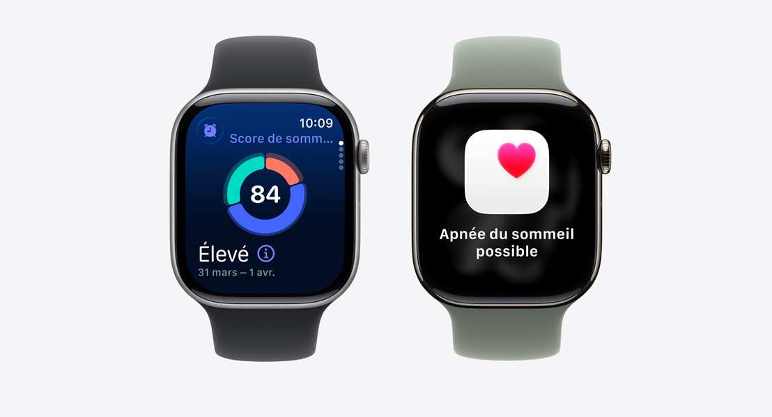 Deux Apple Watch Series 11, écran score de sommeil, notification de possible apnée du sommeil