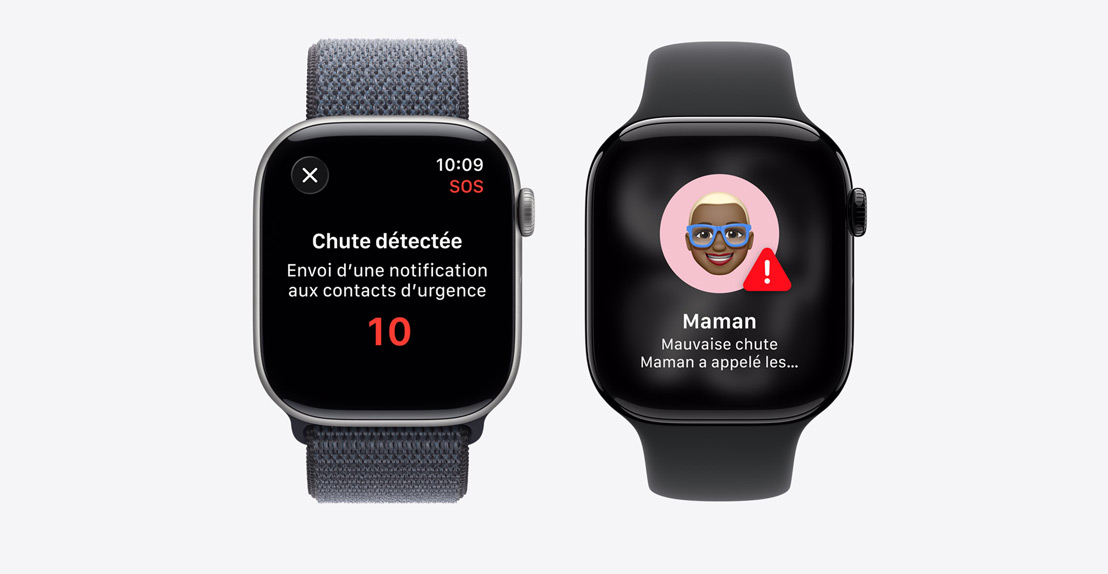Apple Watch Series 11, notification de détection d’un accident, bouton d’appel d’urgence, nouvelle notification indiquant : Maman a chuté et appelé les secours