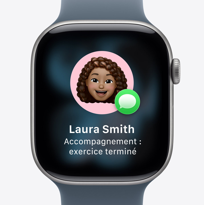 Apple Watch Series 11, invite Accompagnement, notification indiquant qu’une personne proche a terminé son entraînement.