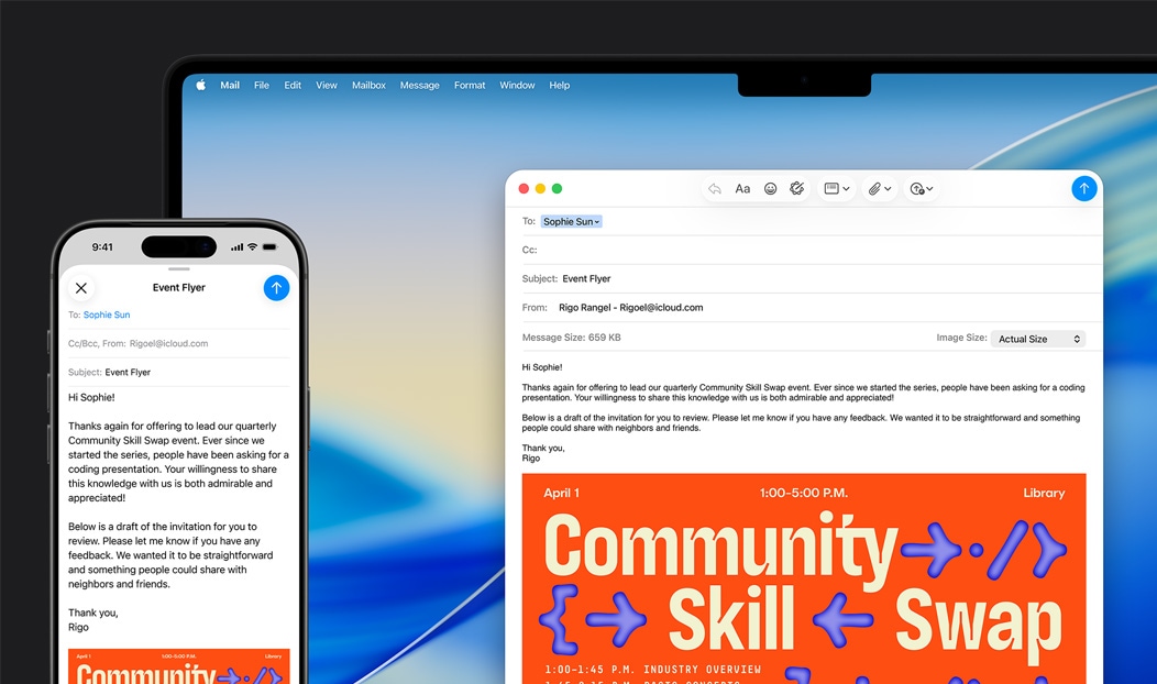 iPhone 16 Plus και MacBook Pro, Mail app ανοιχτό, το ίδιο πρόχειρο email εμφανίζεται και στις δύο οθόνες