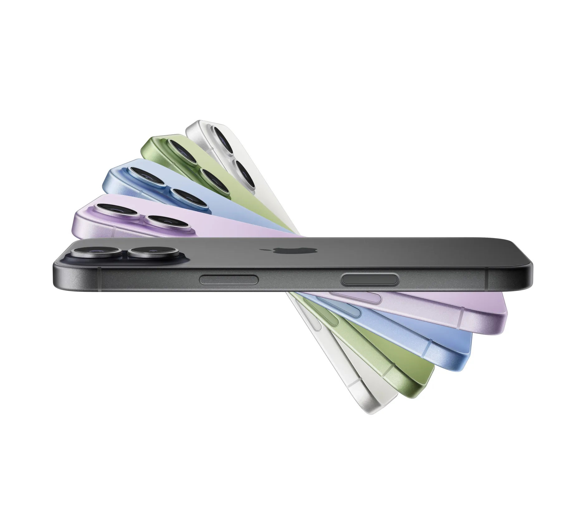 iPhone 17 devices fanned out, colors: black, lavender, mist blue, sage, white