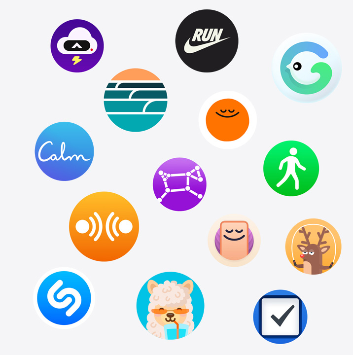 Apple Watch app icons: ChargePoint, Yelp, Nike Run Club, SmartGym, Calm, NBA, SwingVision, Oceanic+, WeChat, Waterllama, Golfshot, JetBlue, AllTrails