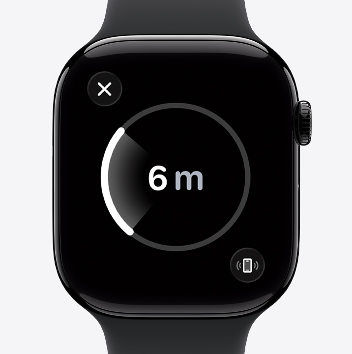 Apple Watch Series 11, aluminum case, polished jet black color, Precision Finding screen, estimated distance to lost phone, Sport Band, black color