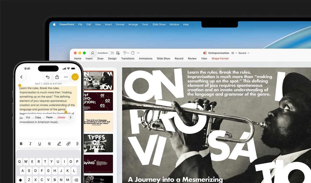 iPhone 16 Plus s označenim tekstom u aplikaciji Bilješke, Macbook Pro s otvorenom Keynote prezentacijom, tekst iz aplikacije Bilješke vidljiv je na slajdu