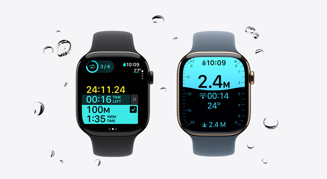 Apple Watch Series 11 uređaji, kućišta od aluminija i titanija, boje polirana mrak crna i zlatna, aplikacija Trening prati plivanje, kapljice vode cure sa sata, sportski remeni, boje crna i plavičasto siva